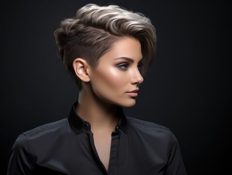 Close-up portrait of a beautiful woman with stylish hairstyle. Photo for hair salon. Haircut illustration. Generative AI.
