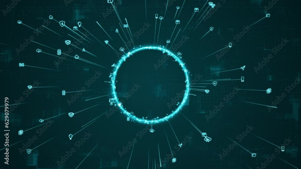 Poster motion graphic of blue digital particle ring rotation around logo with ai icon spread and line linke