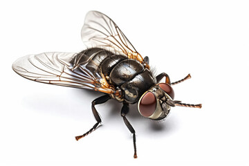 Insect Fly Macro Dung Files On White Background, Generative Ai