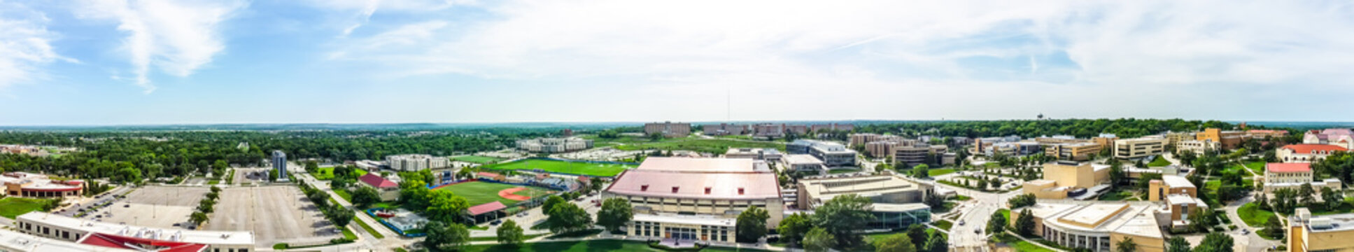 Lawrence, Kansas, USA - 7.2023 - Drone view of the University of Kansas Jayhawks college campus. 