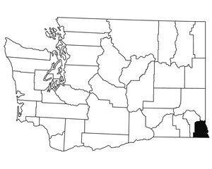 Map of asotin County in Washington DC state on white background. single County map highlighted by black colour on WASHINGTON map. UNITED STATES, US
