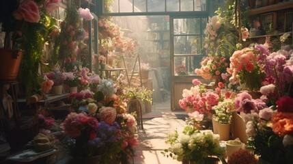Fototapeta na wymiar A florist shop overflowing with bright, colorful flowers. Generative AI