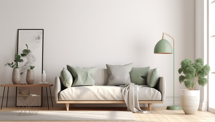 Home interior mock-up with gray sofa, wooden floor lamp and green vase in bright living room, 3d render, 3d illustration, generative ai