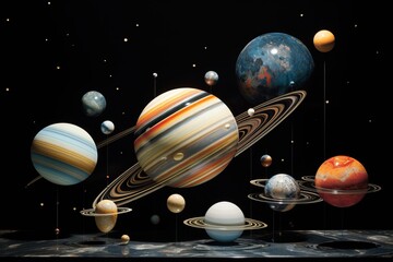 planetary system 3d illustration of planets, in the style of colorful biomorphic forms planet and solar system with saturn, moon, stars,