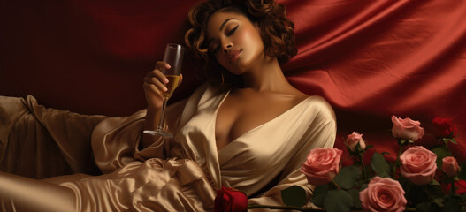 Roses, Champagne, and Velvet Delights: Sensual woman photographed in an intimate luxurious Setting - Ai Generative
