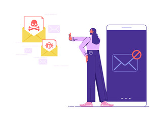 Spamming, email organization or mailbox cleaner concept illustration, woman stop spam email messages by protecting her mobile