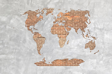 World map on antique brick wall texture background.