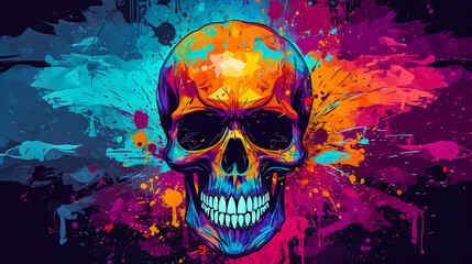 Abstract colorful scary skull painting art with mixed grunge colors. Digital illustration generative AI.