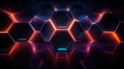 Glowing neon polygons against a dark backdrop. Generative AI