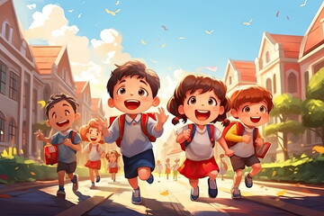 Cartoon character of kids go to school, happy, back to school concept