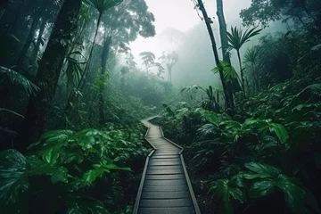 Fototapete Straße im Wald Wooden trail in mystic rainforest