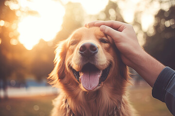 Close-up of a man's hand stroking happy dog outdoors