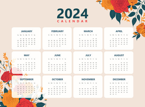 Happy New Year 2024 Calendar Design Modern Template, Wall and Desk Calendar Design