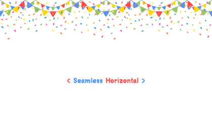 Seamless Horizontal Celebrate Colorful flag garlands with confetti party isolated on white background. Birthday, Christmas, anniversary, and festival concepts. Vector illustration flat cartoon design.