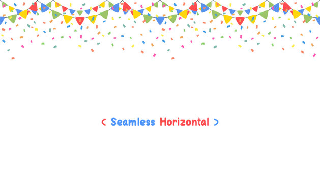 Seamless Horizontal Celebrate Colorful flag garlands with confetti party isolated on white background. Birthday, Christmas, anniversary, and festival concepts. Vector illustration flat cartoon design.