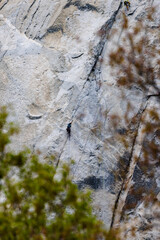 Rock climber at a distance climbing El Capitan in Yosemite National Park, California, USA
