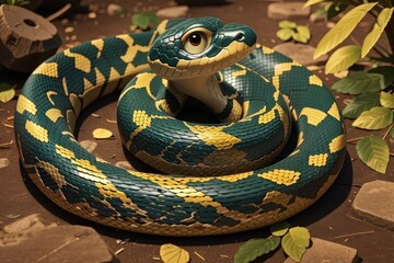 Fototapeta premium Snake in the garden. Green and yellow snake on the ground. 
