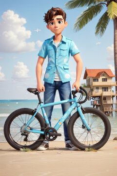 boy standing with cycle at beach