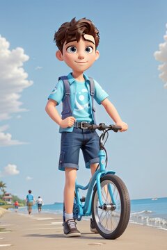 boy riding cycle at beach