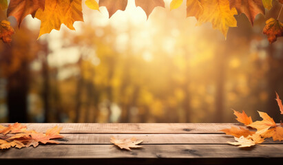 Naklejka na ściany i meble Autumn Elegance. An Autumn Background on a Wooden Table with Scattered Leaves. Cozy Season Concept 