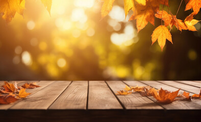 Naklejka na ściany i meble Autumn Elegance. An Autumn Background on a Wooden Table with Scattered Leaves. Cozy Season Concept 