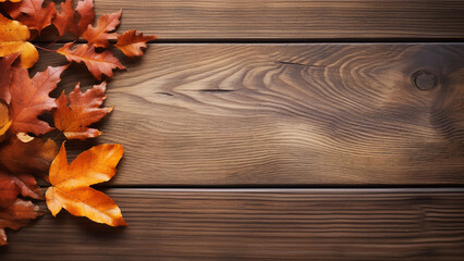 Naklejka na ściany i meble Top View Wooden Table with Autumn Leaves