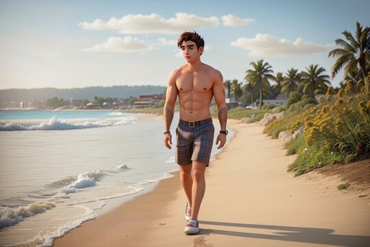 handsome boy with attractive physique walking at beach
