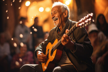 Melodies of Tradition. Elderly Moroccan Playing Oud Outdoors in Festive Street Celebration. AI Generative.
