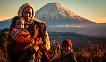 Foto auf Acrylglas Kilimandscharo African Vista. Ethiopian Family with Mount Kilimanjaro as Backdrop. Travel and Scenic Beauty Concept 