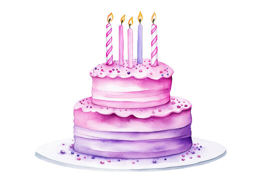 Watercolor illustation of birthday cake with candles isolated on transparent background