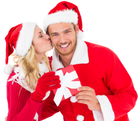 Digital png photo of happy biracial couple holding gift on transparent background