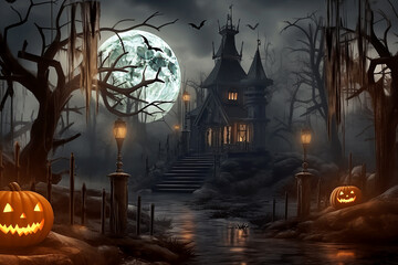 Haunted House in the Forest: Ideal for Halloween Decorations. Ai Generated