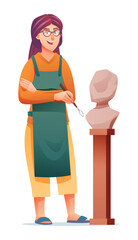 Fototapeta premium Woman sculptor making sculpture with sculpting tool. Vector cartoon illustration