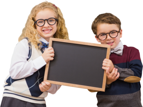 Digital png photo of happy caucasian children holding blackboard on transparent background - Powered by Adobe