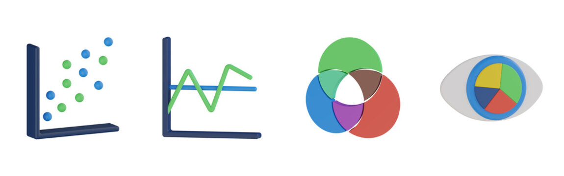 3d scatter graph, variability, venn diagram, pie chart visualisation. Analytics 3d render set. Transparent background. High quality render