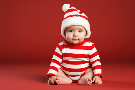 Cute Baby Christmas: Red Hat and Festive Striped Outfit on a red background with space for text. Copy space. Adorable concept - AI Generative