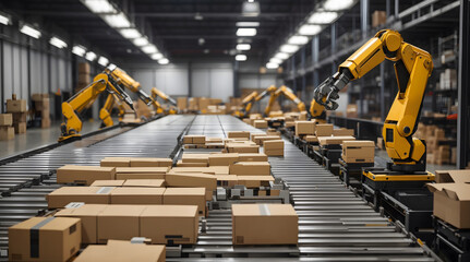ロボットアームが倉庫で段ボール箱を仕分けている｜Many robotic arms are sorting cardboard boxes in a warehouse. Generative AI