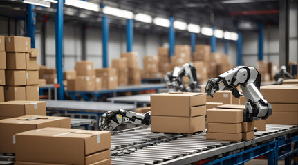 ロボットアームが倉庫で段ボール箱を仕分けている｜Many robotic arms are sorting cardboard boxes in a warehouse. Generative AI