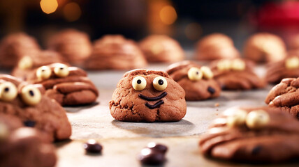 Halloween cookies with funny monster face on a plate. Halloween concept.