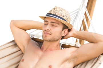 Digital png photo of caucasian man on hammock on transparent background