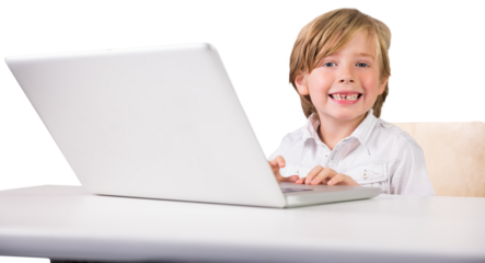 Digital png photo of schoolboy using laptop on transparent background