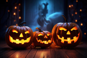 Fototapeta premium Scary Halloween Pumpkins: Real Photo with Neon Effect on Dark Background, Copy Space Included. Generative AI