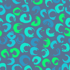 Grunge Blue and Green Hand Drawn Brush Circles Vector Seamless Pattern