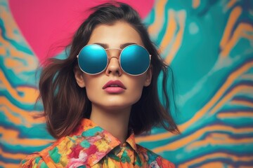 Fototapeta na wymiar portrait of a woman in sunglasses on colorful background