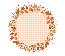 秋の葉っぱと木の実の サークル フレーム バナー 背景/ギンガムチェック・ピンク