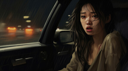 Fototapeta na wymiar Asian woman is alone in car at the night. She is stressed.