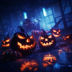 Eerie Halloween Night: Spooky Jack-o-Lanterns Glowing with Neon Effect on Dark Background. Generative AI