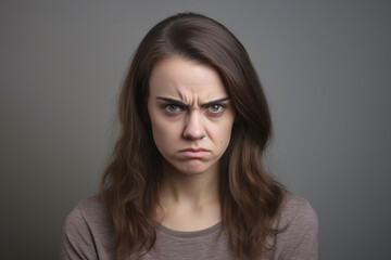 Obraz premium Unhappy young woman bad mood irritated problem raise eyebrow
