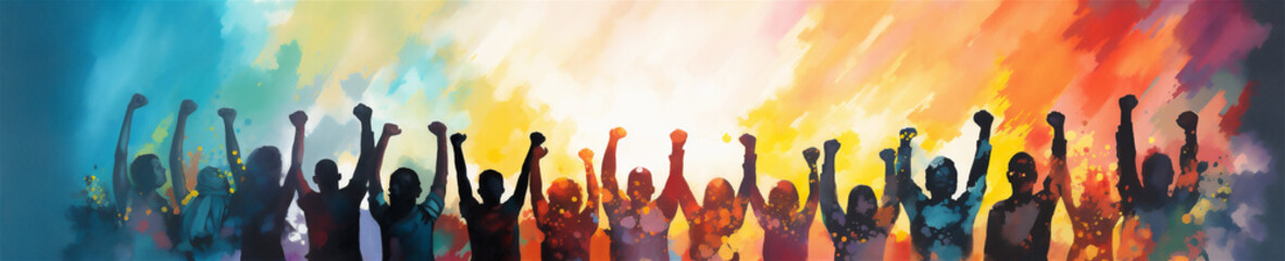Silhouetted Men and Women Holding Fists in the Air, Representing Solidarity, Vibrant Watercolor Painting, Generative AI