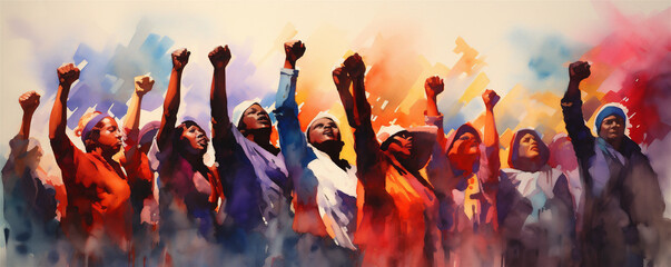 Silhouetted Men and Women Holding Fists in the Air, Representing Solidarity, Vibrant Watercolor Painting, Generative AI